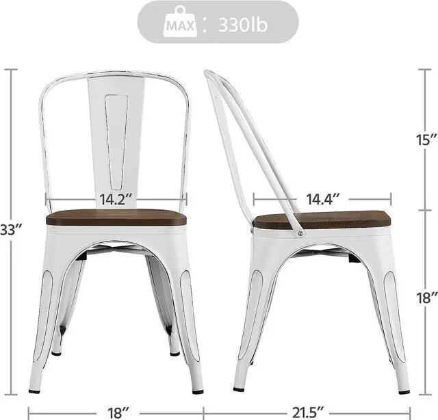 Alt view image 3 of 7 - Yaheetech Metal Dining Chairs with Wood Seat/Top Stackable Side Chairs Kitchen Chairs with Back Indoor-Outdoor Classic/Chic/Industrial/Vintage Bistro Cafe Trattoria Kitchen Distressed White, Set of 4