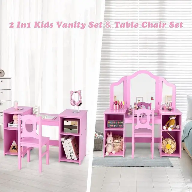 Alt view image 3 of 7 - INFANS Kids Vanity, 2 in 1 Princess Makeup Desk & Chair Set with Tri-Folding Detachable Mirror, Large Storage Shelves, Wooden Pretend Play Dressing Table for Girls
