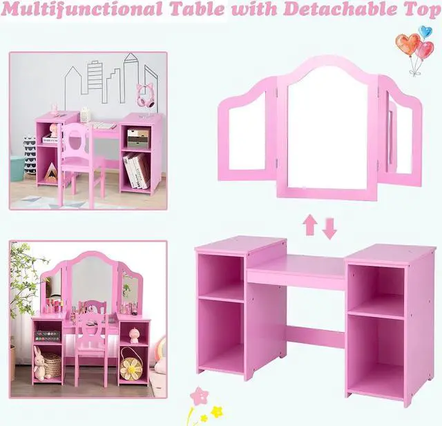 Alt view image 4 of 7 - INFANS Kids Vanity, 2 in 1 Princess Makeup Desk & Chair Set with Tri-Folding Detachable Mirror, Large Storage Shelves, Wooden Pretend Play Dressing Table for Girls