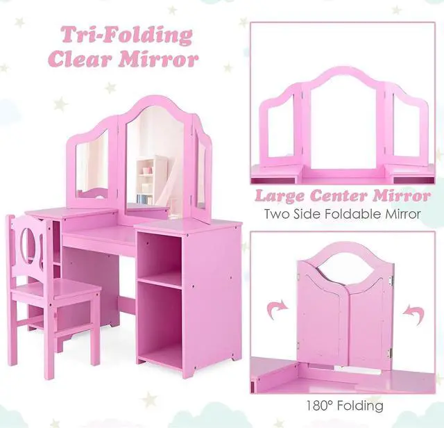 Alt view image 5 of 7 - INFANS Kids Vanity, 2 in 1 Princess Makeup Desk & Chair Set with Tri-Folding Detachable Mirror, Large Storage Shelves, Wooden Pretend Play Dressing Table for Girls