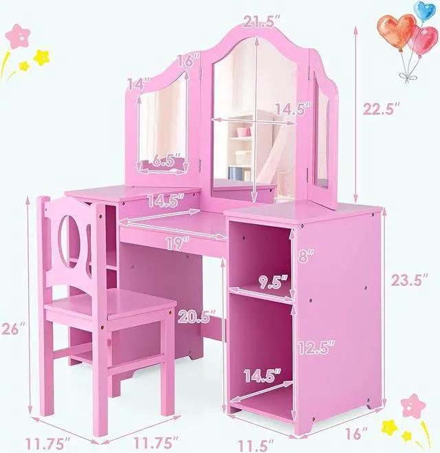 Alt view image 7 of 7 - INFANS Kids Vanity, 2 in 1 Princess Makeup Desk & Chair Set with Tri-Folding Detachable Mirror, Large Storage Shelves, Wooden Pretend Play Dressing Table for Girls