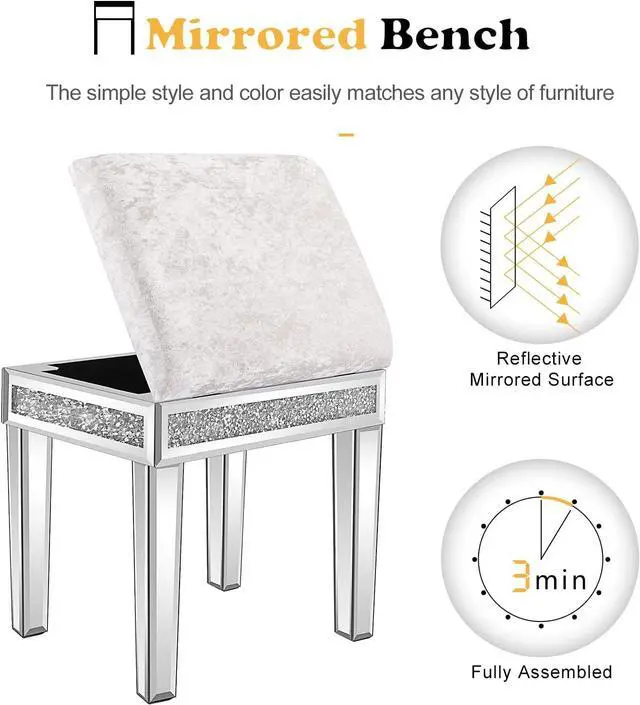 Alt view image 3 of 7 - VINGLI Mirrored Vanity Stool with Storage, Upholstered Velvet Ottoman, Makeup Dressing Table Bench with Sparking Diamonds, Silver