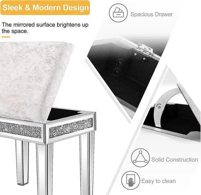 Alt view image 4 of 7 - VINGLI Mirrored Vanity Stool with Storage, Upholstered Velvet Ottoman, Makeup Dressing Table Bench with Sparking Diamonds, Silver
