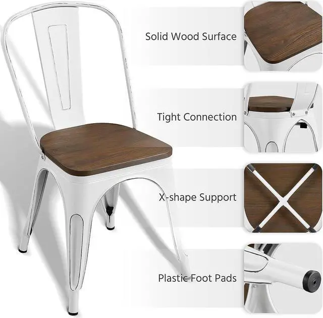Alt view image 4 of 7 - Yaheetech Metal Dining Chairs with Wood Seat/Top Stackable Side Chairs Kitchen Chairs with Back Indoor-Outdoor Classic/Chic/Industrial/Vintage Bistro Cafe Trattoria Kitchen Distressed White, Set of 4