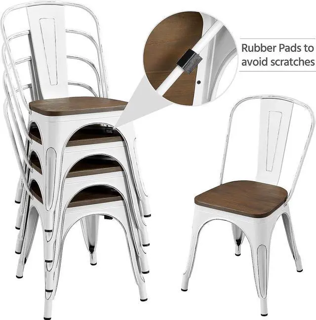 Alt view image 7 of 7 - Yaheetech Metal Dining Chairs with Wood Seat/Top Stackable Side Chairs Kitchen Chairs with Back Indoor-Outdoor Classic/Chic/Industrial/Vintage Bistro Cafe Trattoria Kitchen Distressed White, Set of 4