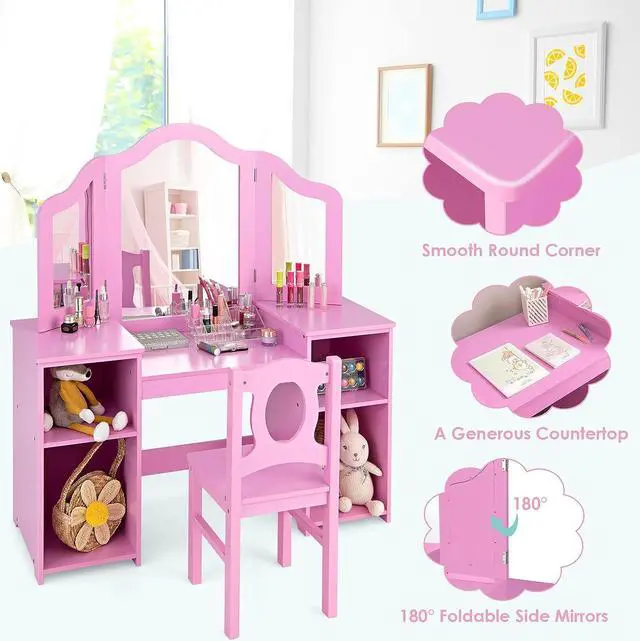 Alt view image 6 of 7 - INFANS Kids Vanity, 2 in 1 Princess Makeup Desk & Chair Set with Tri-Folding Detachable Mirror, Large Storage Shelves, Wooden Pretend Play Dressing Table for Girls