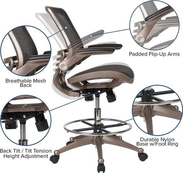 Alt view image 4 of 7 - Flash Furniture Waylon Mid-Back Swivel Office Chair with Adjustable Foot Ring and Seat Height, Ergonomic Mesh Chair with Armrests, Black/Gold