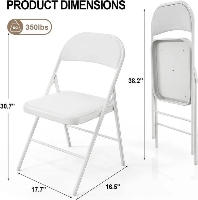 Alt view image 3 of 7 - VINGLI Folding Chairs with Padded Seats, Metal Frame with Pu Leather Seat & Back, Capacity 350 lbs, White, Set of 10