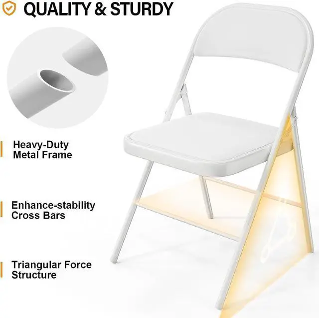Alt view image 4 of 7 - VINGLI Folding Chairs with Padded Seats, Metal Frame with Pu Leather Seat & Back, Capacity 350 lbs, White, Set of 10