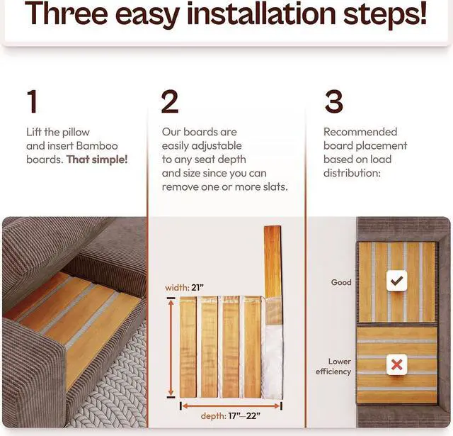 Alt view image 4 of 6 - Trustic Armchair Cushion Support for Sagging Seat [ 21 x 22], Chair Saver, Sag Away Solution, Under Cushion Adjustable Bamboo Board Inserts, Heavy Duty, Extra Sturdy, and Thick 0.47"