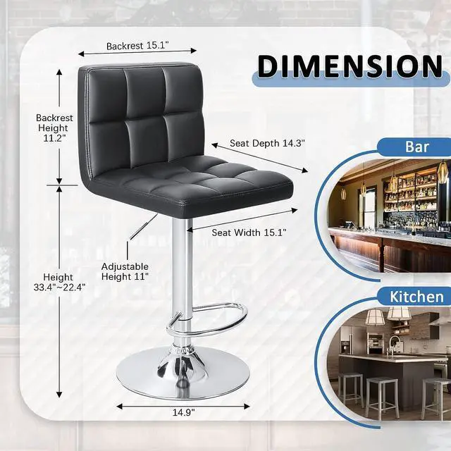 Alt view image 3 of 7 - Homall Bar Stools Modern PU Leather Adjustable Swivel Barstools, Armless Hydraulic Kitchen Counter Bar Stool Synthetic Leather Extra Height Square Island Barstool with Back Set of 2(Black)