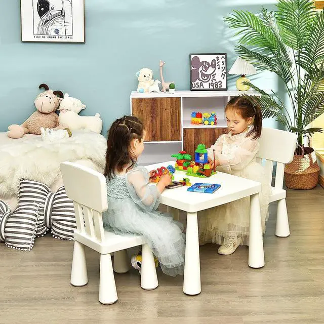 Alt view image 2 of 7 - Costzon Kids Table and Chairs, 3 Piece Plastic Easy Clean Children Activity Desk for Reading, Drawing, Snack Time, Arts Crafts, Preschool, Kindergarten & Playroom, Toddler Table and Chair Set (White)