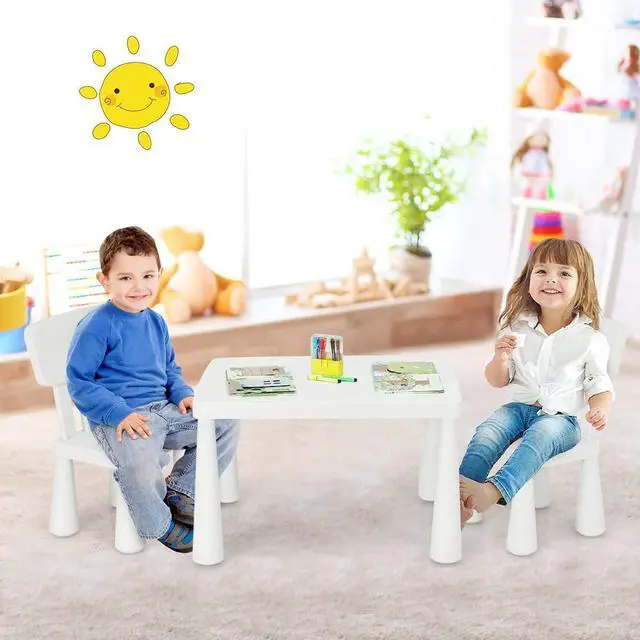 Alt view image 3 of 7 - Costzon Kids Table and Chairs, 3 Piece Plastic Easy Clean Children Activity Desk for Reading, Drawing, Snack Time, Arts Crafts, Preschool, Kindergarten & Playroom, Toddler Table and Chair Set (White)