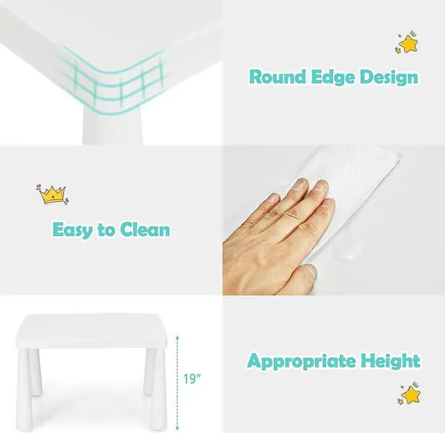 Alt view image 5 of 7 - Costzon Kids Table and Chairs, 3 Piece Plastic Easy Clean Children Activity Desk for Reading, Drawing, Snack Time, Arts Crafts, Preschool, Kindergarten & Playroom, Toddler Table and Chair Set (White)