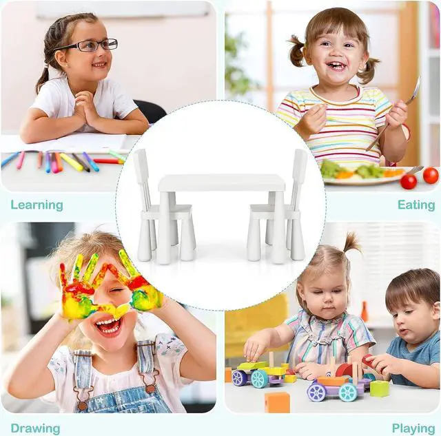 Alt view image 6 of 7 - Costzon Kids Table and Chairs, 3 Piece Plastic Easy Clean Children Activity Desk for Reading, Drawing, Snack Time, Arts Crafts, Preschool, Kindergarten & Playroom, Toddler Table and Chair Set (White)