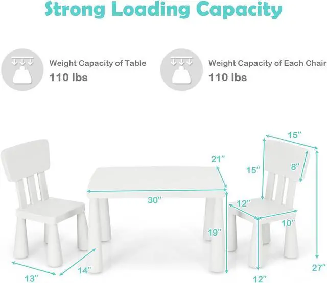 Alt view image 7 of 7 - Costzon Kids Table and Chairs, 3 Piece Plastic Easy Clean Children Activity Desk for Reading, Drawing, Snack Time, Arts Crafts, Preschool, Kindergarten & Playroom, Toddler Table and Chair Set (White)