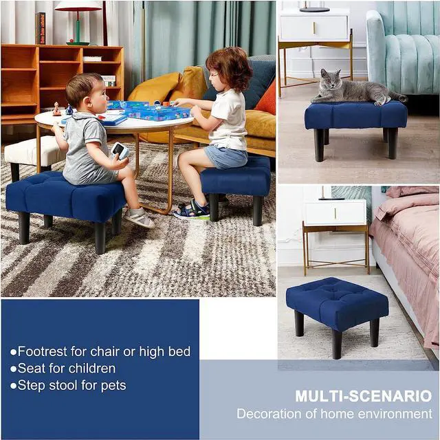 Alt view image 4 of 7 - HOUCHICS Small Footstool Ottoman, Velvet Wooden Foot Stool Ottoman with Wood Legs, Sofa Footrest Extra Seating for Living Room Entryway Office(Blue 1PACK), Welcome to consult