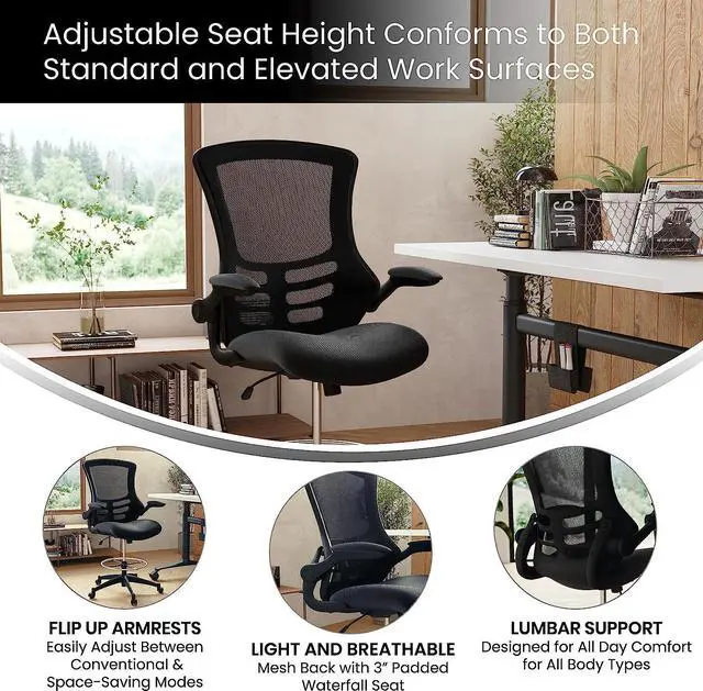 Alt view image 4 of 7 - Flash Furniture Kelista Mid-Back Swivel Office Chair with Adjustable Seat Height, Ergonomic Mesh Desk Chair with Flip-Up Armrests, Black