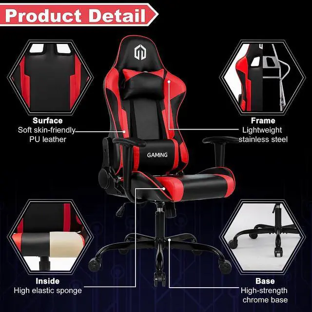 Alt view image 3 of 7 - GOTMINSI Computer Gaming Chair with Headrest and Lumbar Cushion, Ergonomic Gaming Chairs Office Chair 290lbs for Adults, Video Game Chairs Racing Chair High Back Leather Adjustable, (BK/Red)