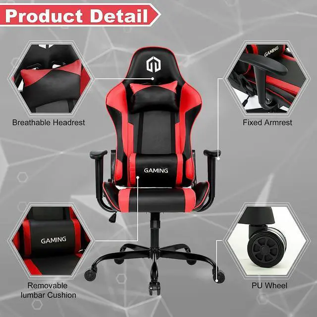 Alt view image 5 of 7 - GOTMINSI Computer Gaming Chair with Headrest and Lumbar Cushion, Ergonomic Gaming Chairs Office Chair 290lbs for Adults, Video Game Chairs Racing Chair High Back Leather Adjustable, (BK/Red)