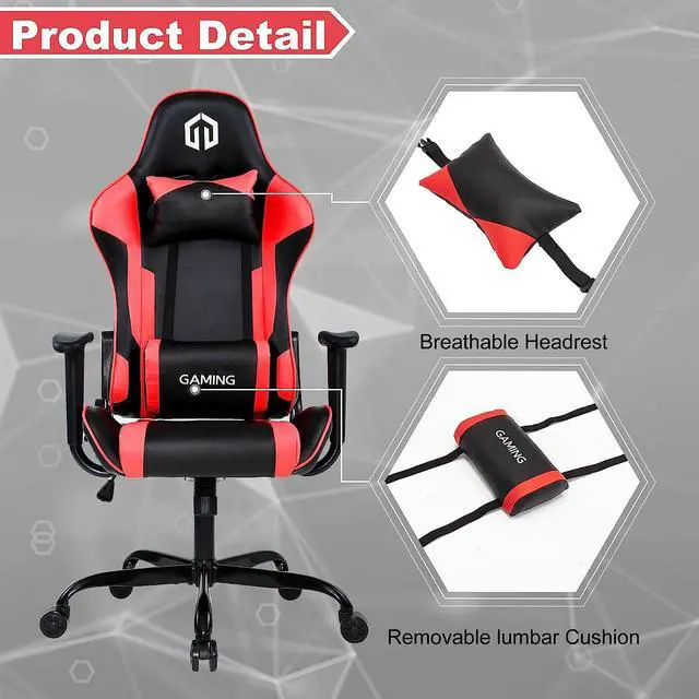 Alt view image 7 of 7 - GOTMINSI Computer Gaming Chair with Headrest and Lumbar Cushion, Ergonomic Gaming Chairs Office Chair 290lbs for Adults, Video Game Chairs Racing Chair High Back Leather Adjustable, (BK/Red)