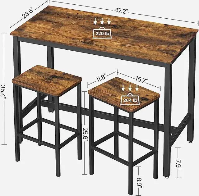 Alt view image 5 of 7 - VASAGLE Bar Table Set, with 2 Bar Stools, Dining table set, Kitchen Counter with Bar Chairs, Industrial, Living Room, Party Room, Rustic Brown and Black ULBT15X