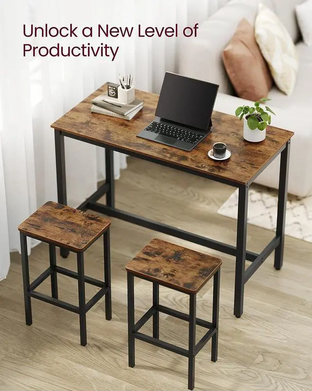 Alt view image 6 of 7 - VASAGLE Bar Table Set, with 2 Bar Stools, Dining table set, Kitchen Counter with Bar Chairs, Industrial, Living Room, Party Room, Rustic Brown and Black ULBT15X