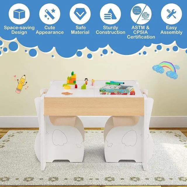 Alt view image 3 of 7 - Costzon Kids Table and Chair Set, 4 in 1 Wooden Activity Table & 2 Chairs with Detachable Blackboard for Arts, Crafts, Drawing, Reading, Storage, 3 PCS Toddler Table and Chairs for Boys Girls (White)