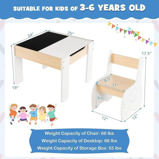 Alt view image 6 of 7 - Costzon Kids Table and Chair Set, 4 in 1 Wooden Activity Table & 2 Chairs with Detachable Blackboard for Arts, Crafts, Drawing, Reading, Storage, 3 PCS Toddler Table and Chairs for Boys Girls (White)