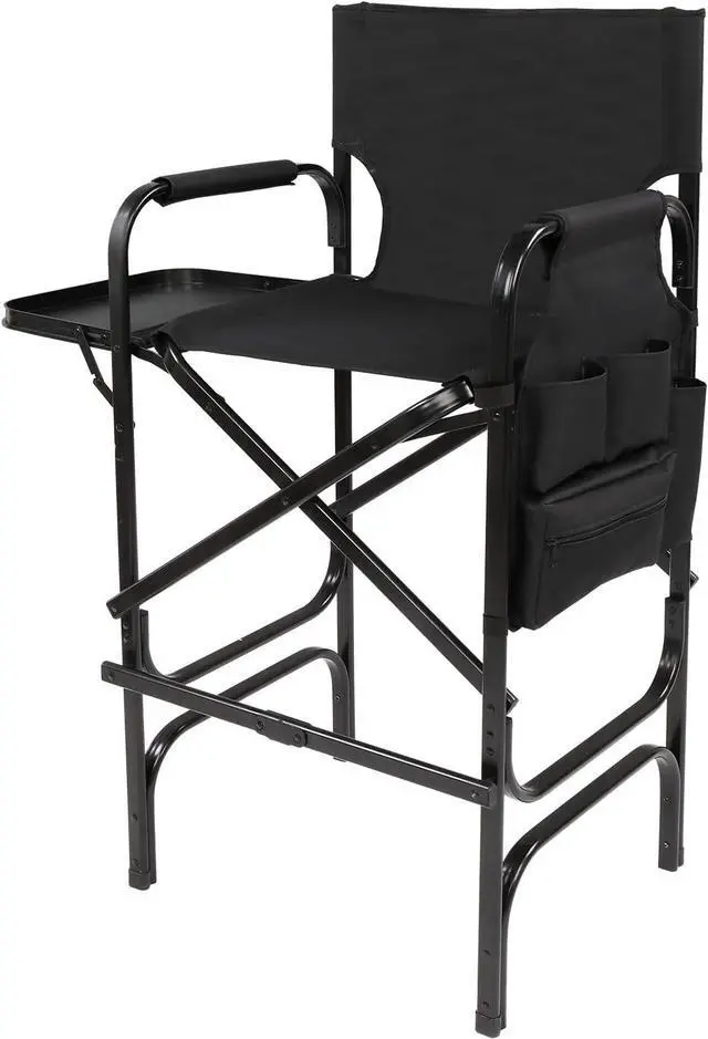 Main image of OmySalon 31" Tall Directors Chair Black Folding with Side Table Storage Bag,Aluminum Frame 300 lbs Capacity, 33.8" L x 19.2" W x 45.6" H,Portable Makeup Artist Bar Height