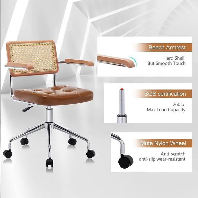 Alt view image 7 of 7 - Zesthouse Modern Home Office Chair Leather Desk Chair with Natural Rattan Back, Vanity Chair for Girls Women, Upholstered Tufted Swivel Armchair, Height Adjustable Computer Task Chair