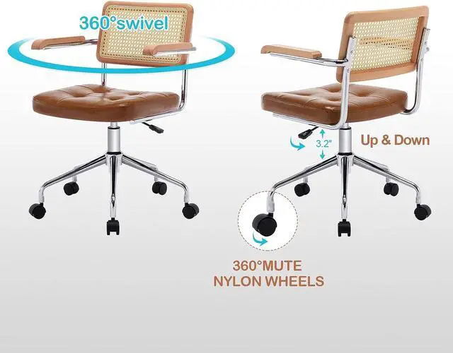 Alt view image 4 of 7 - Zesthouse Modern Home Office Chair Leather Desk Chair with Natural Rattan Back, Vanity Chair for Girls Women, Upholstered Tufted Swivel Armchair, Height Adjustable Computer Task Chair