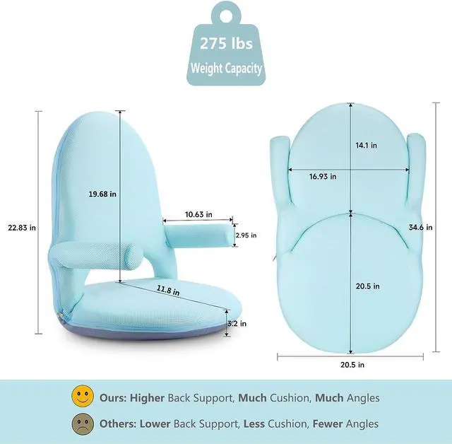 Alt view image 3 of 7 - Nnewvante Floor Chair with Back Support and Armrest, 42 Angles Adjustable Washable Floor Seat, Folding Recliner with Cushion for Yoga Meditation Adults Kids Classroom Playing, Welcome to consult