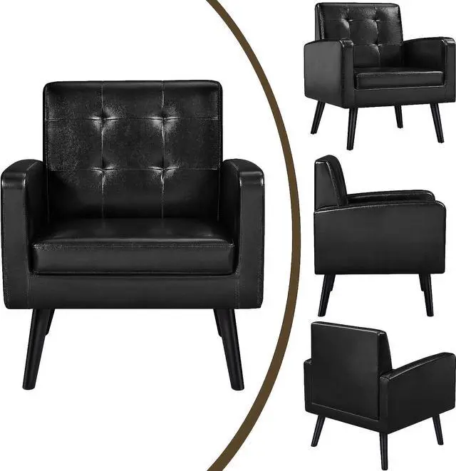 Alt view image 4 of 7 - Yaheetech Mid-Century Accent Chairs, PU Leather Modern Upholstered Living Room Chair, Cozy Armchair Button Tufted Back and Wood Legs for Bedroom/Office/Cafe Black 2PCS