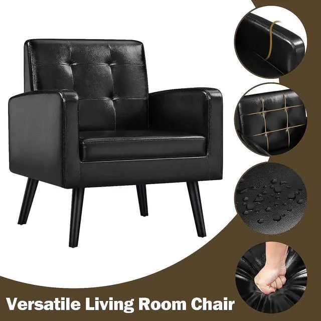 Alt view image 5 of 7 - Yaheetech Mid-Century Accent Chairs, PU Leather Modern Upholstered Living Room Chair, Cozy Armchair Button Tufted Back and Wood Legs for Bedroom/Office/Cafe Black 2PCS