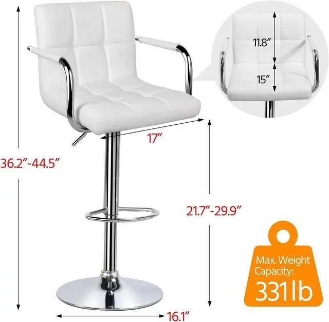 Alt view image 3 of 7 - Yaheetech Tall Bar Stools Set of 2 Modern Square PU Leather Adjustable BarStools Counter Height Stools with Arms and Back Bar Chairs 360 Swivel Stool White, Welcome to consult