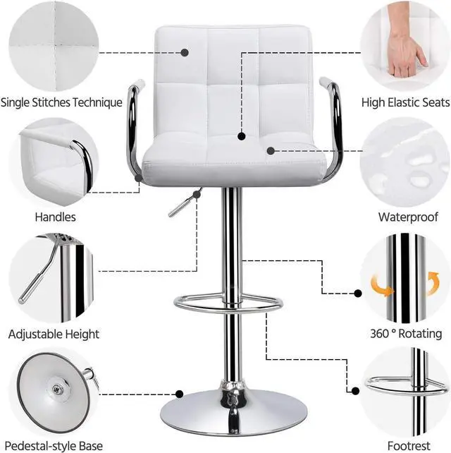 Alt view image 4 of 7 - Yaheetech Tall Bar Stools Set of 2 Modern Square PU Leather Adjustable BarStools Counter Height Stools with Arms and Back Bar Chairs 360 Swivel Stool White, Welcome to consult