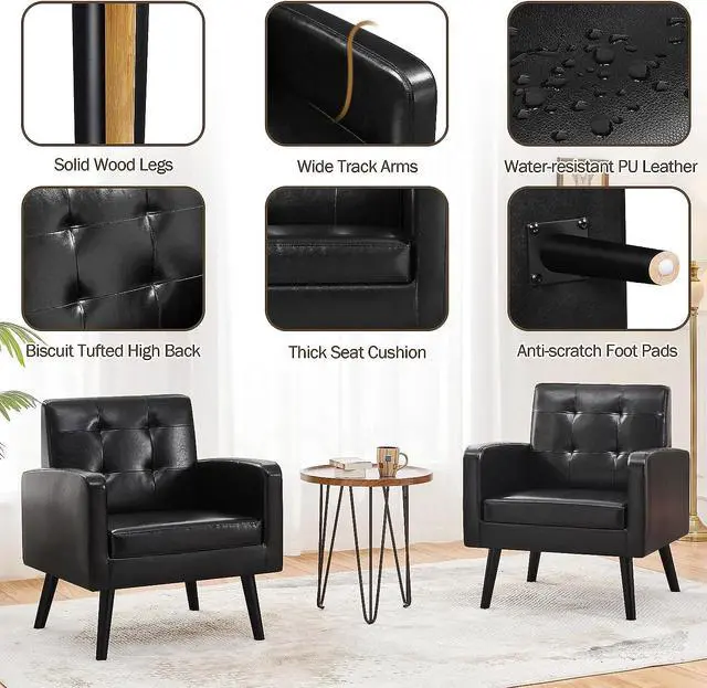 Alt view image 6 of 7 - Yaheetech Mid-Century Accent Chairs, PU Leather Modern Upholstered Living Room Chair, Cozy Armchair Button Tufted Back and Wood Legs for Bedroom/Office/Cafe Black 2PCS