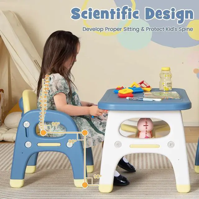 Alt view image 3 of 7 - Costzon Kids Table and Chair Set w/Montessori Toys, Kids Activity Table w/Storage Shelf, Building Blocks, Cute Dinosaur Shape Chair, Easy to Clean, Preschool, Kindergarten (Table and 2 Chairs)