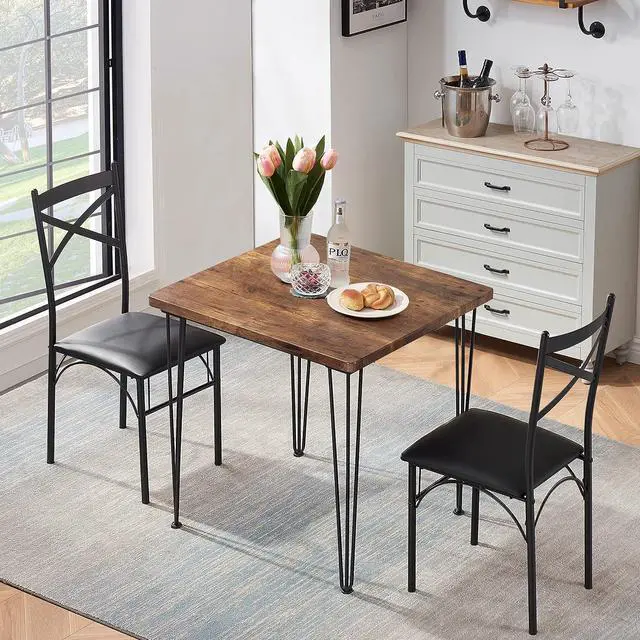 Alt view image 4 of 7 - VECELO 3-Piece Dining Room Kitchen Table and Pu Cushion Chair Sets for Small Space, Seating for Two, Brown, Welcome to consult