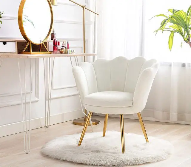 Alt view image 2 of 7 - chairus Small Accent Chair for Living Room, Velvet Gold Cute Vanity Chair with Back for Makeup Room, Upholstered Shell Shaped Office Guest Modern Chair Arm Chair, Cream White