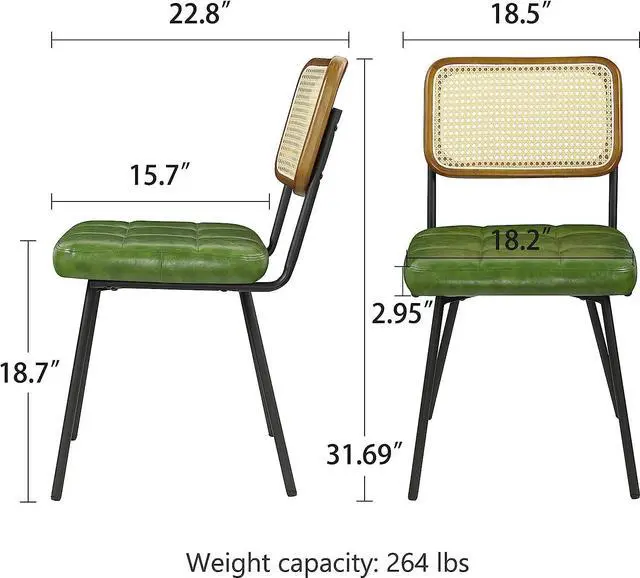 Alt view image 2 of 7 - Art Leon Boho Dining Chairs Set of 2 - Mid Century Modern Dining Room Chairs with Rattan Back, Faux Leather Armless Kitchen Chairs Rattan Chair, Green