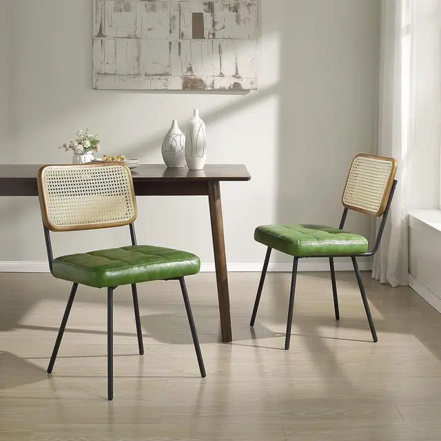 Alt view image 7 of 7 - Art Leon Boho Dining Chairs Set of 2 - Mid Century Modern Dining Room Chairs with Rattan Back, Faux Leather Armless Kitchen Chairs Rattan Chair, Green