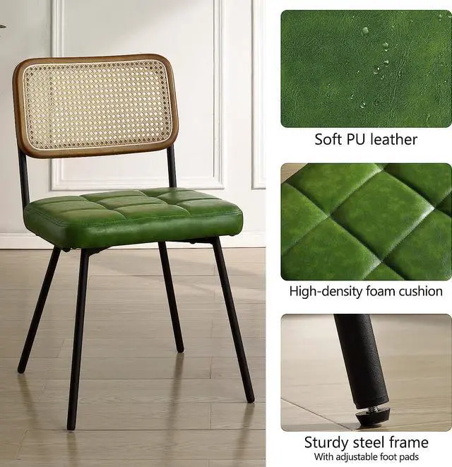 Alt view image 5 of 7 - Art Leon Boho Dining Chairs Set of 2 - Mid Century Modern Dining Room Chairs with Rattan Back, Faux Leather Armless Kitchen Chairs Rattan Chair, Green