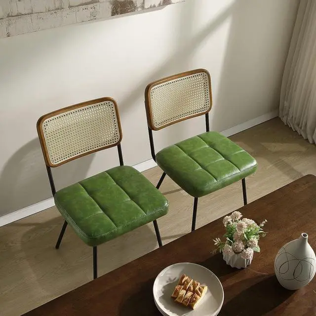 Alt view image 6 of 7 - Art Leon Boho Dining Chairs Set of 2 - Mid Century Modern Dining Room Chairs with Rattan Back, Faux Leather Armless Kitchen Chairs Rattan Chair, Green