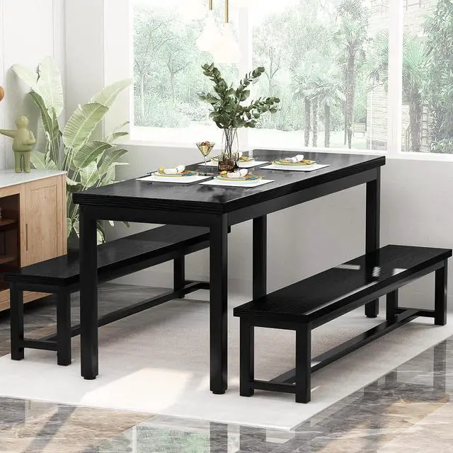 Alt view image 2 of 7 - AWQM Dining Room Table Set, Kitchen Set with 2 Benches, Ideal for Home, and Room, Breakfast of 43.3x23.6x28.5 inches, Benches 38.5x11.8x17.5 Black