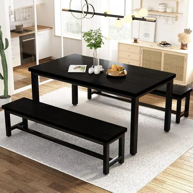 Main image of AWQM Dining Room Table Set, Kitchen Set with 2 Benches, Ideal for Home, and Room, Breakfast of 43.3x23.6x28.5 inches, Benches 38.5x11.8x17.5 Black