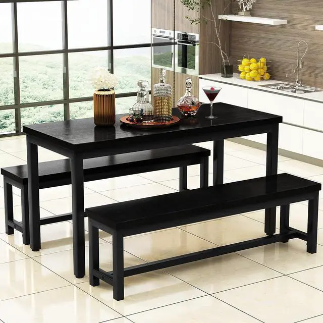 Alt view image 4 of 7 - AWQM Dining Room Table Set, Kitchen Set with 2 Benches, Ideal for Home, and Room, Breakfast of 43.3x23.6x28.5 inches, Benches 38.5x11.8x17.5 Black