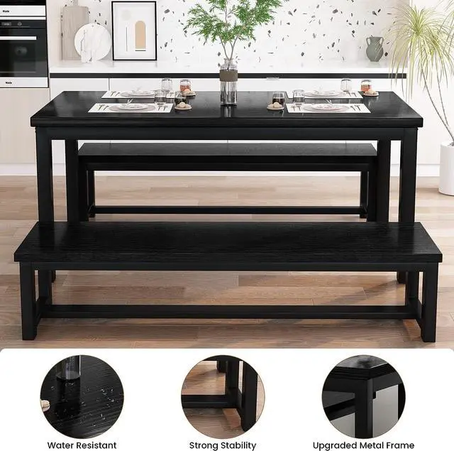 Alt view image 5 of 7 - AWQM Dining Room Table Set, Kitchen Set with 2 Benches, Ideal for Home, and Room, Breakfast of 43.3x23.6x28.5 inches, Benches 38.5x11.8x17.5 Black