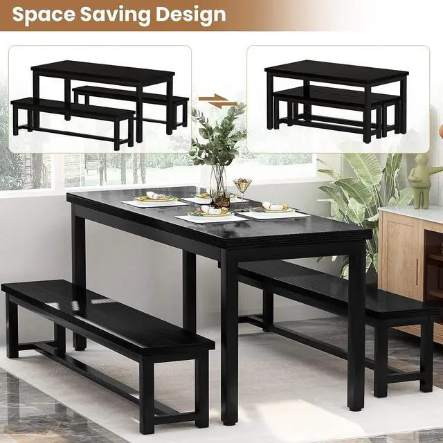 Alt view image 6 of 7 - AWQM Dining Room Table Set, Kitchen Set with 2 Benches, Ideal for Home, and Room, Breakfast of 43.3x23.6x28.5 inches, Benches 38.5x11.8x17.5 Black